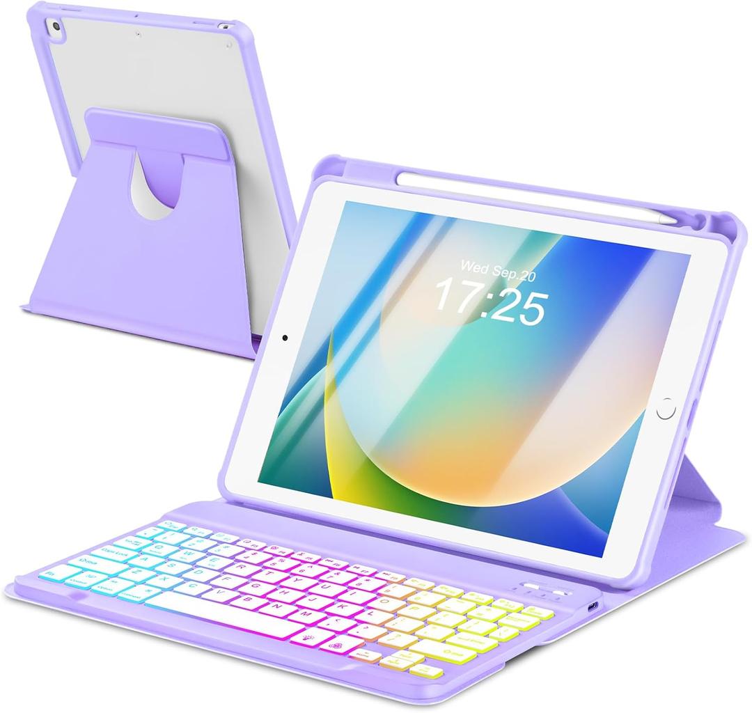 Case with Keyboard for iPad 9th 8th 7th Generation 10.2 inch,7 Rainbow Backlit Detachable Wireless Keyboard Rotatable Magnetic Cover with Pencil Holder for iPad Air 3rd Gen/Pro 10.5 Purple