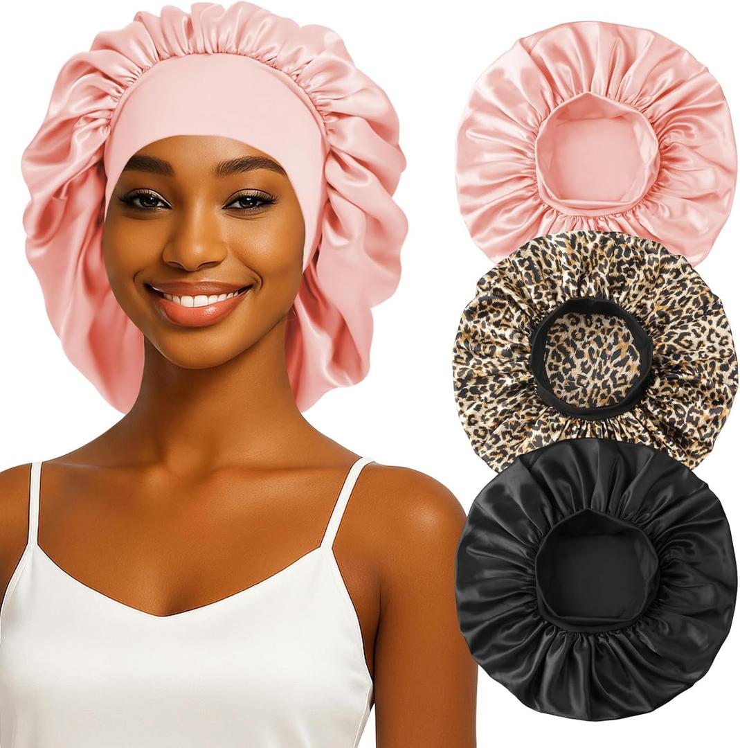 3PCS Silk Sleep Bonnet for Women, Large Satin Hair Caps with Elastic Band for Curly Hair and Frizz Control (Black/Blush/Leopard)