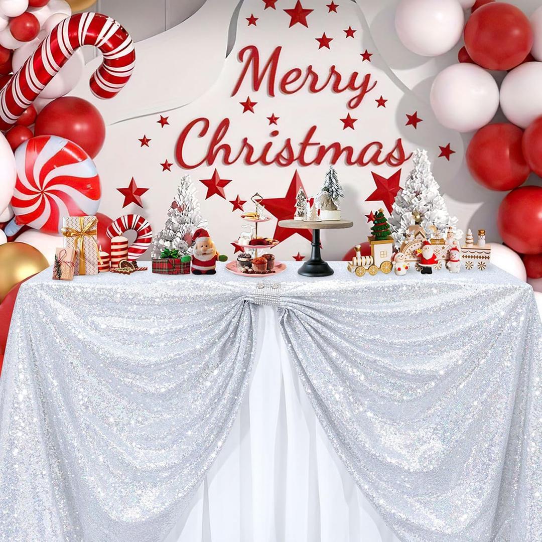 B-COOL Silver Sequin Tablecloth Fabric Parties: Laser Glitter Birthday Table Cloth Sparkly Iridescent Shimmer Rectangle 90x156 Inches Cloths Decorations for Party Supplies Event Wedding Decor