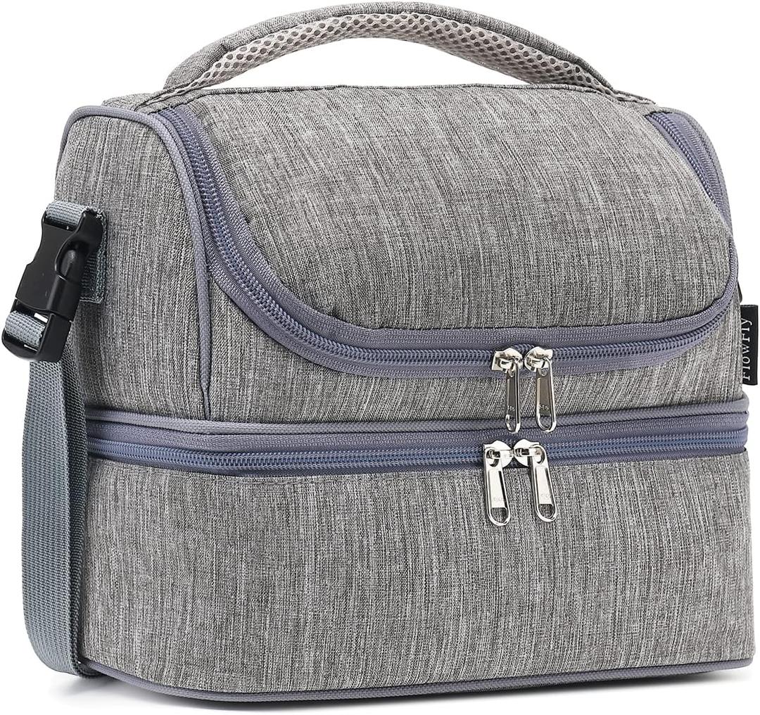 FlowFly Double Decker Cooler Insulated Lunch Bag Large Tote for Boys, Girls, Men, Women, With Adjustable Strap (Grey/Gray)