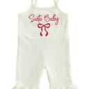 ZAXARRA Toddler Baby Girl Christmas Outfit Spaghetti Strap Bell Bottoms Romper Overalls Jumpsuit Santa Baby Bow Clothes (White)