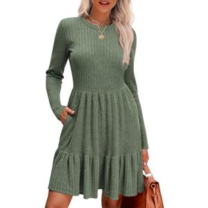 Naggoo Women's Long Sleeve Ruffle Dress Casual Crew Neck Tunic A-Line Babydoll Sweater Dresses with Pockets (Green) Small