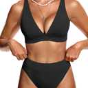 Yonique Thong Bikini Set High Waisted Two Piece Swimsuit High Cut Bikini V Neck Bathing Suit (Large, Black)