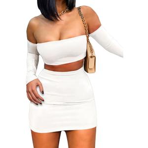 Women's Summer Two-Piece Skirt Sets Sexy Off Shoulders Top Y2K Going Out Short T-Shirt Sets Mini Dress Outfits D293 (Medium)