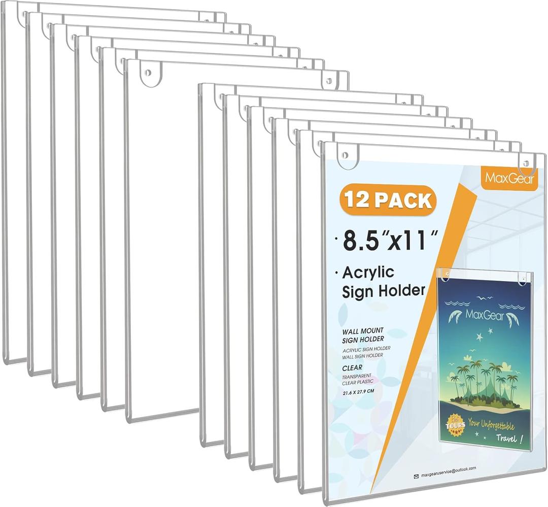 MaxGear Wall Mount Sign Holder 8.5 x 11 Inch, Clear Plastic Picture Frames Door Sign Holder Portrait Style with Adhesive Tapes and Screws for Office, Home, Store, Restaurant, Vertical, 12 Pack