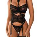 Kaei&Shi Garter Lingerie Set For Women, Sexy Floral Lace, Strappy High Waisted Hide Belly, 4 Piece With Exotic Choker Belt,Black,Medium