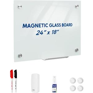 Loukin Glass Whiteboard for Wall, Magnetic Dry Erase Glass Board, Framless Surface White Board for Office, School, Dry Erase Whiteboard Set Includes Cleaner & Eraser & Marker (24" x 18")