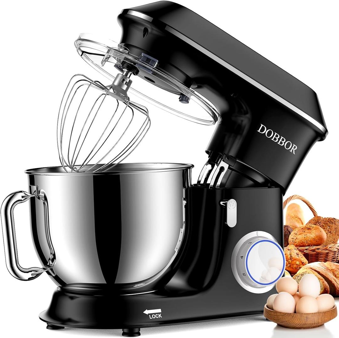 DOBBOR Electric Stand mixer, 9.5QT 660W 6 Speeds Tilt-Head Dough Mixers, Bread Mixer with Dough Hook, Whisk, Beater, Splash Guard for Baking Bread, Cake, Cookie, Pizza, Muffin, Salad and More - Black (Large)