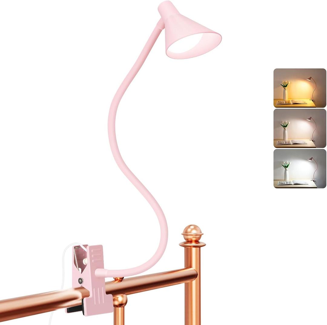 Pink Small Desk Lamp Clip on LED Reading Light for Bed, 3 Color Modes 10 Dimmable Brightness, Book in Bed Headboard, Flexible Neck Clamp BL08