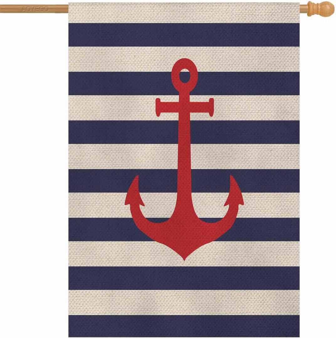 AOYEGO Anchor House Flag Vertical Double Sided Burlap Striped Marine Vector Background Farmhouse Yard Outdoor Seasonal Flags Decoration 28 x 40 Inches