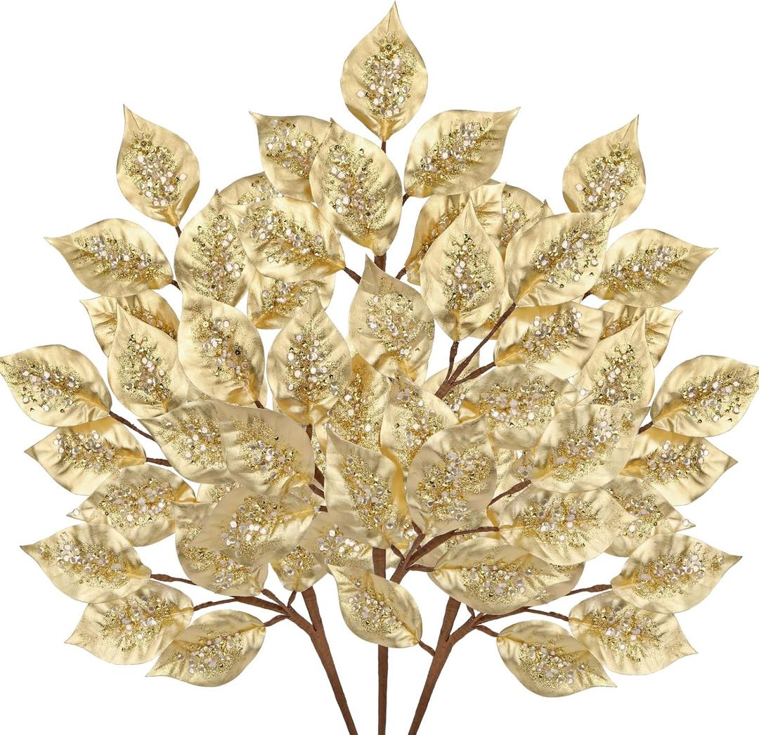 Christmas Tree Picks and Sprays 31.5" Gold Atrificial Elm Leaves with Stems 3 Pcs Christmas Picks for Tree Gold Vase Fillers Golden Leaf Decor for DIY Xmas Trees Centerpieces Wedding Bouquet Decor