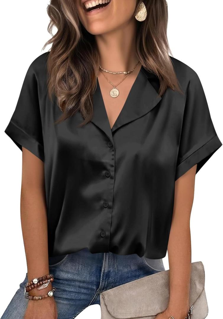 Cicy Bell Womens Short Sleeve Satin Button Down Shirts Dressy Casual Tops | V Neck, Relaxed Fit, Work Attire, Office Wear, Business Outfits (XXL)