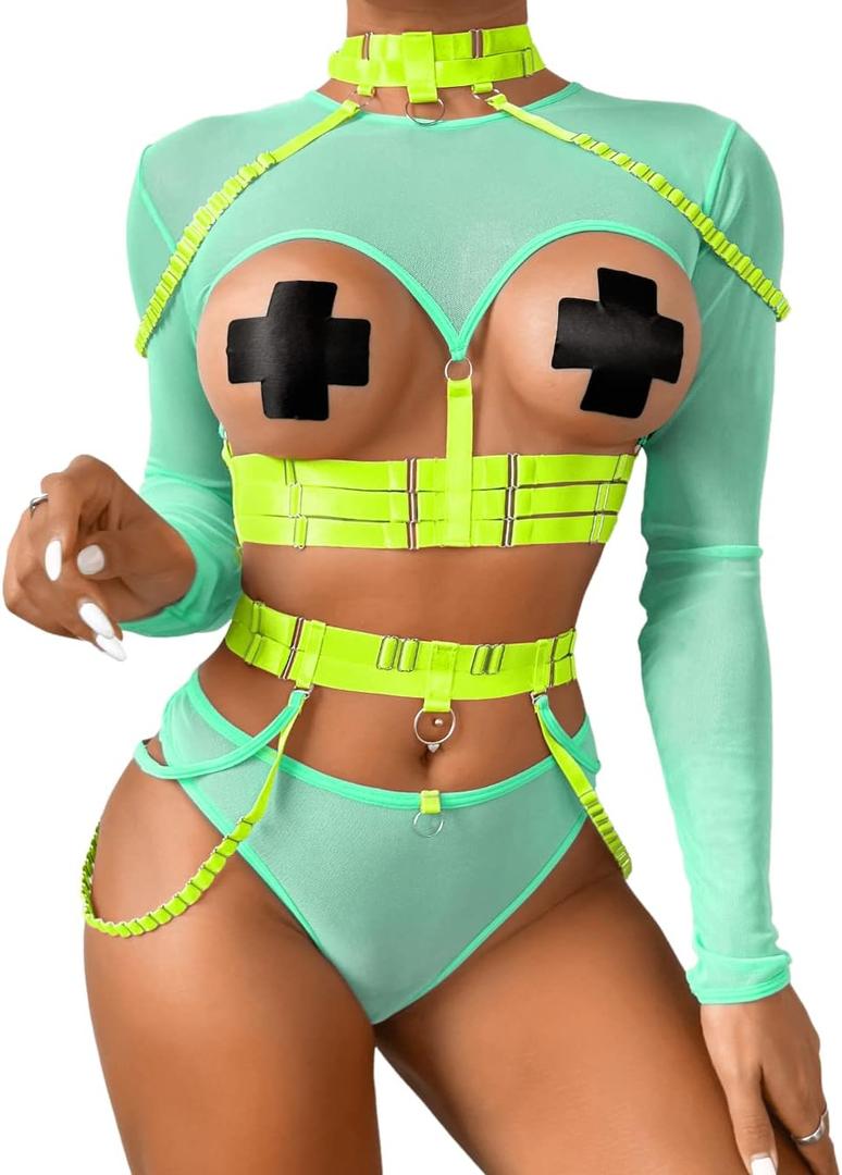 Kaei&Shi Rave Outfit, Adjustable Strappy, Contrast Color, Choker, Chain Belt, L