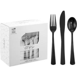 WDF 180 Pieces Black Plastic Silverware - Plastic Silverware Set Include 60 Forks, 60 Knives, 60 Spoons - Heavy Duty Black Disposable Cutlery - Disposable Utensils for New Year, Wedding