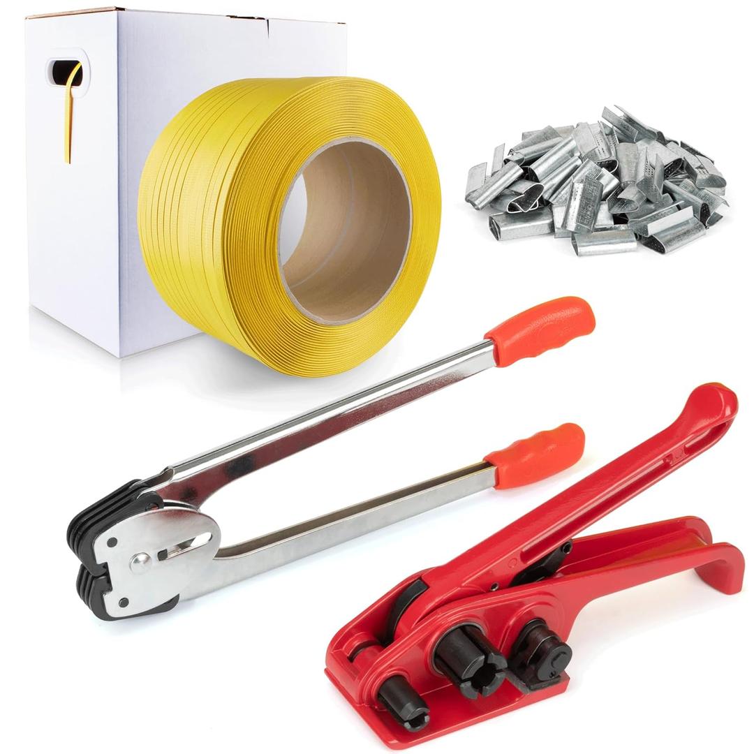 Heavy Duty Packaging Banding Strapping Kit - Upgraded Poly Strapping Tensioner Tool Set with 1968' Length x 1/2" Wide PP Strapping Banding,100 Metal Seals (600m)