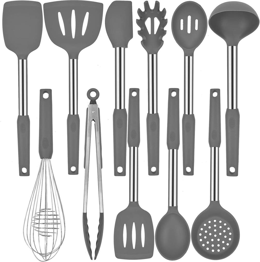 Silicone Kitchen Cooking Utensils Set with Stainless Steel Handle, Spatula Set Utensil Set, Cooking Utensil Set, Kitchen Tools Gadgets for Nonstick Cookware (11, Gray)