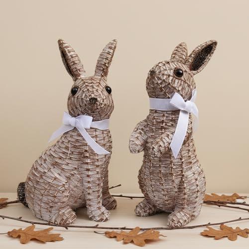 SafeSir Rattan Effect Resin Easter Bunny Figurines Decor 2 PCS Wicker Looking Rabbit Decorations with Bow for Spring Table Centerpieces Indoor Farmhouse Home Decor(Large Rattan)