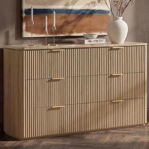 Dresser for Bedroom with 6 Drawers, 54"W Chest of Drawers, Fluted Dresser with Faux Marble Top, Curved Profile Design, Metal Handle, Wood Closet Storage Organizer for Living Room, Hallway, Natural Oak