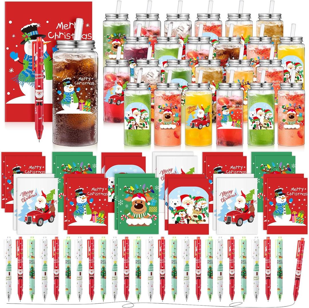 AmazingSpark 72 Pcs Christmas Employee Gifts Bulk, 13.5 oz Christmas Cups with Lids Straws, Xmas Notebooks Ballpoint Pens Set for Office Teacher Coworker Team Staff Gifts Xmas Holiday Party Supplies