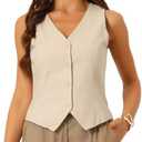 Allegra K Vest Tops for Women Summer Cotton Linen Sleeveless Button Down V Neck Fully Lined Waistcoat Cropped Vests M