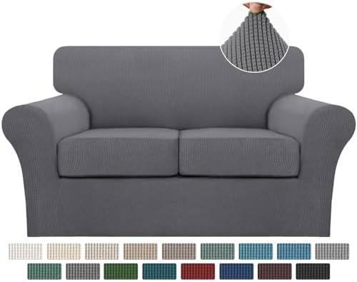 Turquoize 3 Piece Sofa Covers for 2 Cushion Couch Sofa Slipcover Soft Couch Cover for Dogs-Washable Sofa Furniture Covers with 2 Individual Cushion Covers, Thick Jacquard Fabric (Loveseat, Gray)