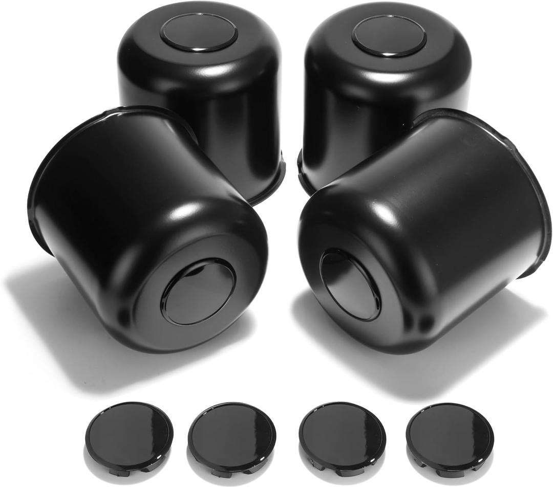 5.15 Inch Stainless Trailer Wheel Center Cap Kit - 4 Matte Black Push Through Center Caps with 4 Replacement Open End Plus Plug Center Caps for Truck SUV Rv