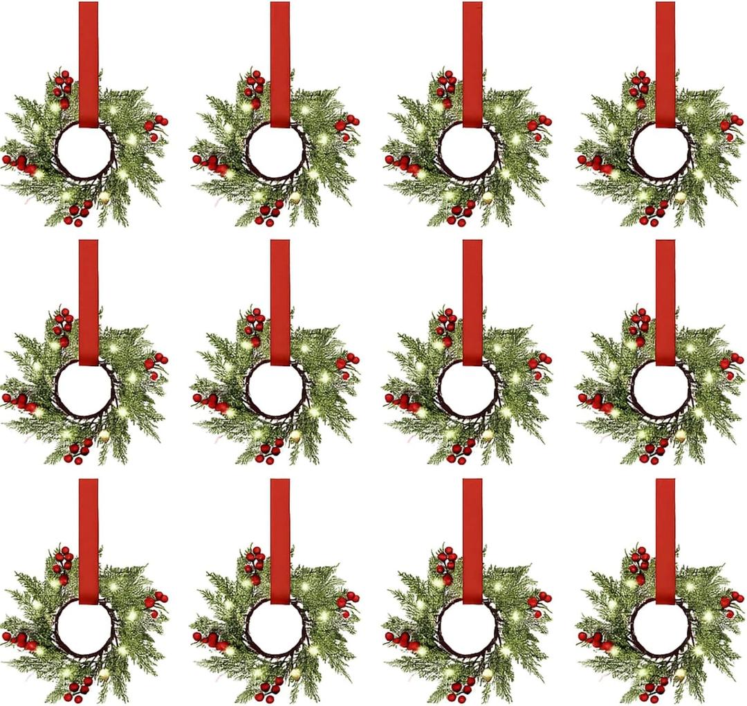 Xinnun 12 Pcs Mini Christmas Wreath for Cabinets Kitchen with LED Lights 8.66 Inch Lighted Hanging Red Small Christmas Wreaths with Berry for Kitchen Cabinet Fireplace Window Front Door Wall Decor