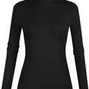 POPZONE Women's Black Mock Neck Ribbed Long Sleeve Tops Slim Fitted Basic Layer Shirt S