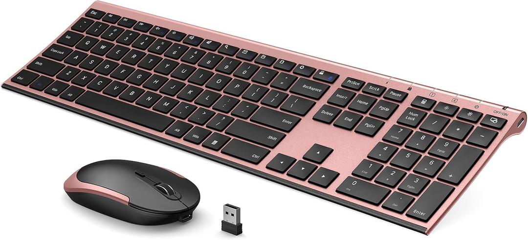 Wireless Keyboard and Mouse, Vssoplor Silent Full-Size Rechargeable Keyboard and Mouse Combo Set Ultra Slim Design for PC, Laptop, Desktop-Black and Rose Gold