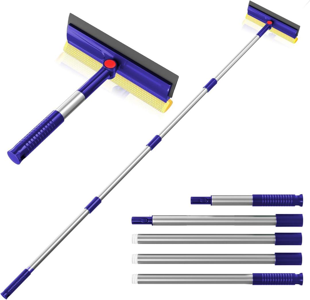 Squeegee for Window Cleaning, Window Squeegee for Home with 60" Long Handle,2 in 1 Window Cleaner Sponge and Dual Side Blade Rubber,Window Cleaner Tool with Long Handle for Glass, Windshield (Blue)