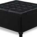Black Large Square Leather Storage Ottoman with Nailhead Trim