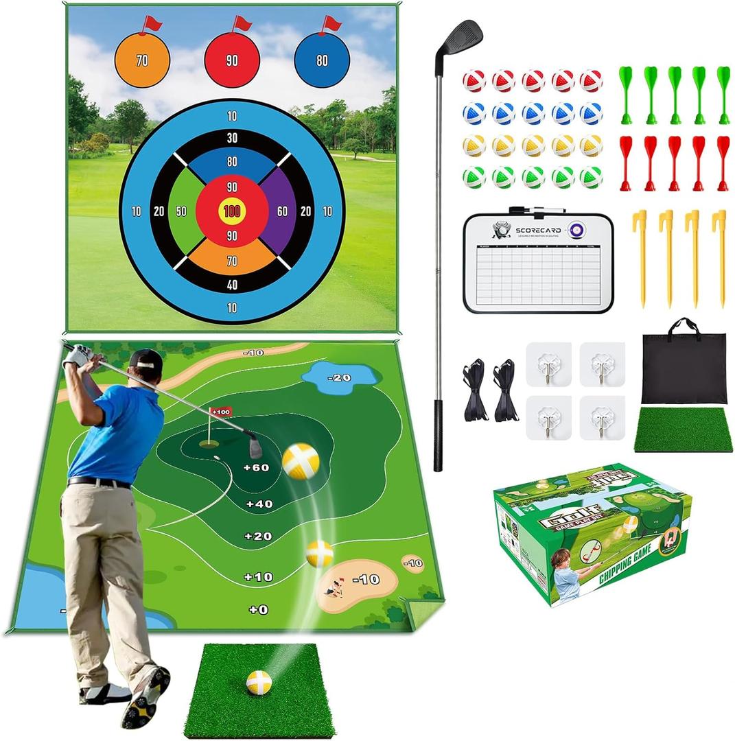 LINKET Golf Mat, 70"x70" Double-Sided 2in1 Golf Hitting Mat, Portable Golf Game for Chipping Practice for Dads & Junior Golfers - Golf Mats with 20 Sticky Balls & Golf Turf Mat for Indoor and Outdoor