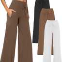 1/3 Pack Wide Leg Yoga Pants for Women, Comfy Lounge Pajama Sweatpants Loose Causal Palazzo with Pockets (Medium, Black/ Mocha/ White)