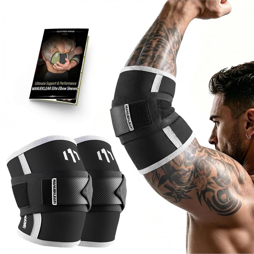 MANUEKLEAR Adjustable Compression Elbow Wraps for Weightlifting(1 Pair), Elbow Sleeves Weightlifting Men with Compression Band, 5mm Neoprene Elbow Strap for Weight Lifting and Bench Press (Black, S)