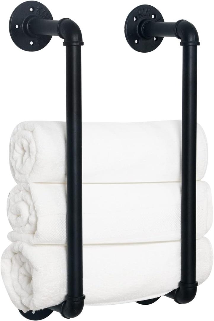 HouseAid Industrial Pipe Towel Rack, Farmhouse Bathroom Towel Storage Holder, Vintage Style Towel Organization, Wall Mounted, Matte Black (16 Inch (Black))