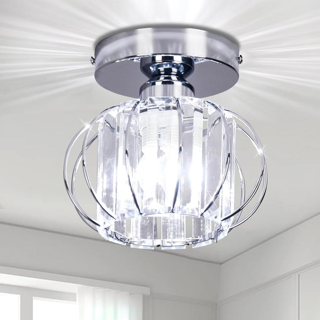 FRIXCHUR Small Chandelier Semi Flush Mount Ceiling Light Fixture Chrome Crystal Ceiling Lighting Modern Crystal Ceiling Light Fixture for Hallway Closet Kitchen Island Dining Room Bedroom E26 Base
