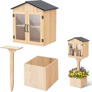 Wonderjune Little Library Box Outdoor with Floor Plugs & Flower Fence, Durable Weatherproof Solid Wood Free Library Book for Neighborhoods, Community and School