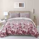 WONGS BEDDING Quilt Set Queen Size,3 Piece Pink Floral Leaves Bedspread Coverlet Set with 2 Pillowcases for All Season, Soft Mircofiber Floral Bedding Set 96"90"