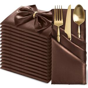 MILVOWOC 24 Pack Square Chocolate Brown Satin Napkins 20 x 20 Inch Soft Silk Dinner Napkins Smooth Decorative Table Napkins, Silky Cloth Napkins for Weddings Dinner Restaurant Party Decoration