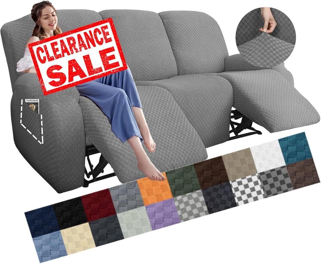 YEMYHOM 8 Pieces Stretch Recliner Sofa Cover Latest Jacquard Reclining Couch Cover with Side Pocket Anti-Slip Fitted 3 Cushion Furniture Slipcovers with Elastic Bottom (Sofa Recliner, Light Gray) (Standard 3 Seater)