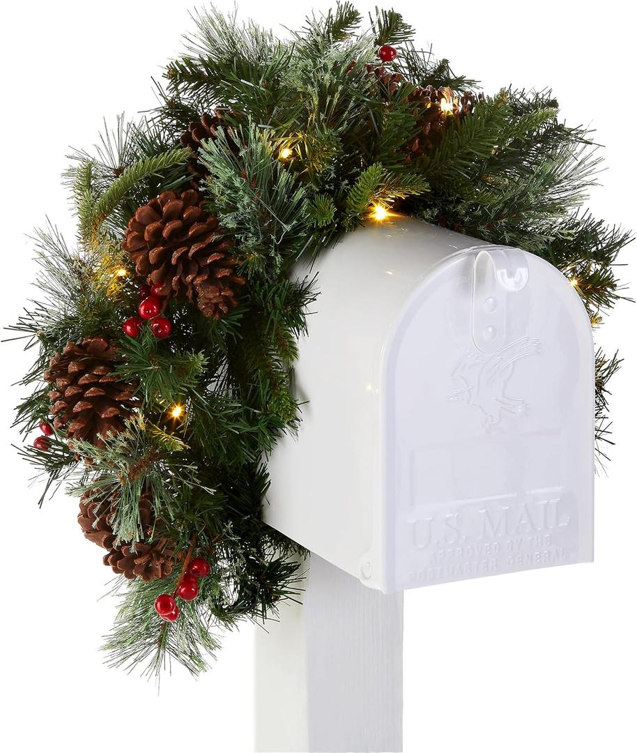 National Tree Company 36 in Pre-Lit Colonial Fir Artificial Christmas Mailbox Swag, Christmas Decoration with Red Berries, Pinecones, 15 Clear LED Lights, 120 Tips, Timer, Green