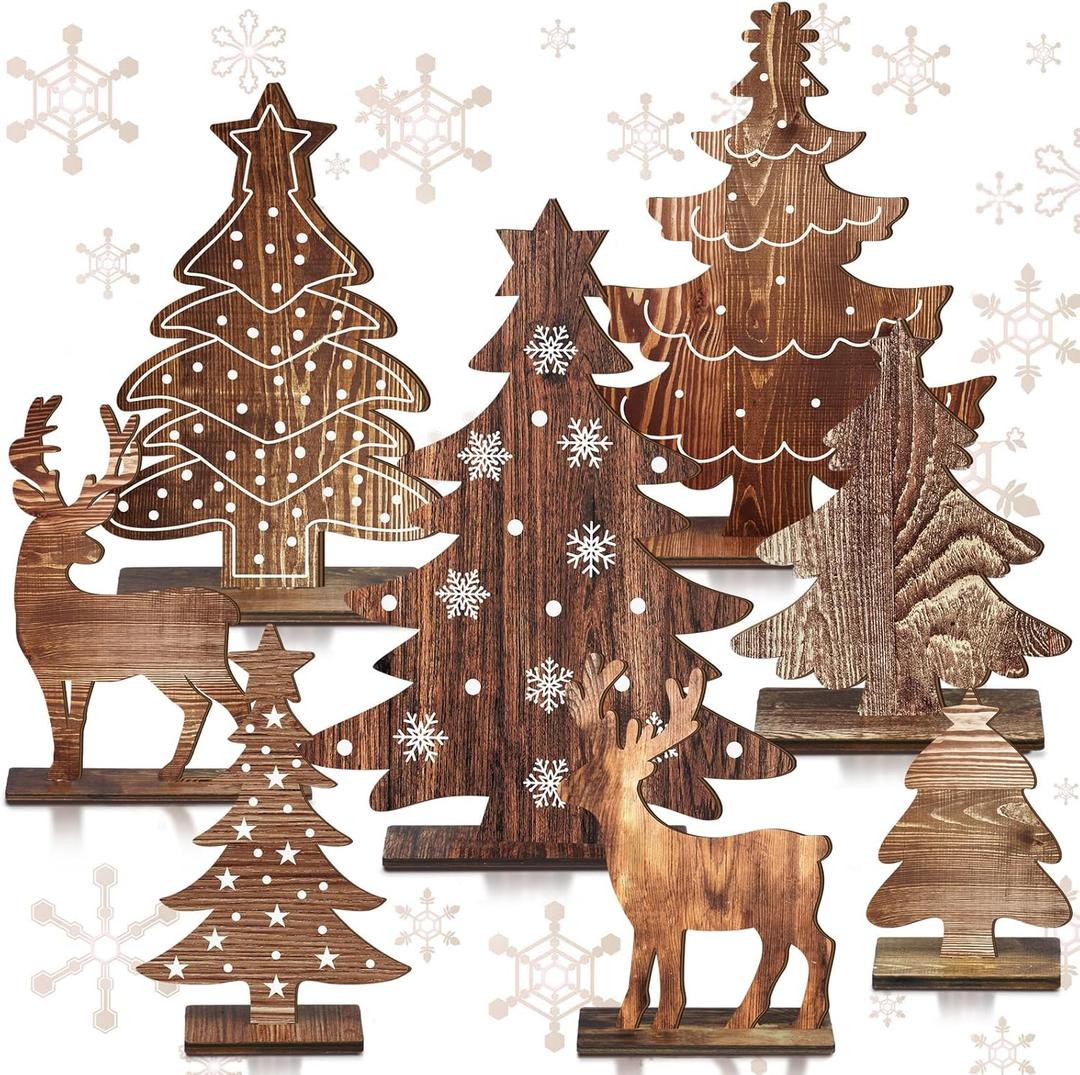 Barydat 8 Pcs Christmas Table Decorations Wooden Christmas Pine Tree Reindeer Table Centerpiece Xmas Winter Tabletop Signs Rustic Farmhouse Decor for Home Office Desk Party Favors (Rustic)