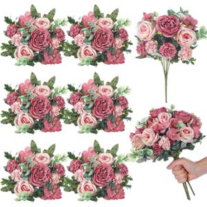 6 Pcs Artificial Peony Silk Florals Fake Mix Silk Peony Rose Faux Flower Hydrangea Bouquet Elegant Realistic Wedding Floral Centerpiece for Home Party Table Arrangement (Champagne with Red)