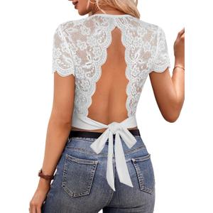 Remidoo Women's Sexy Self Tie Backless Tops Scallop Trim Lace Shirt Square Neck Crop Top (White, S)