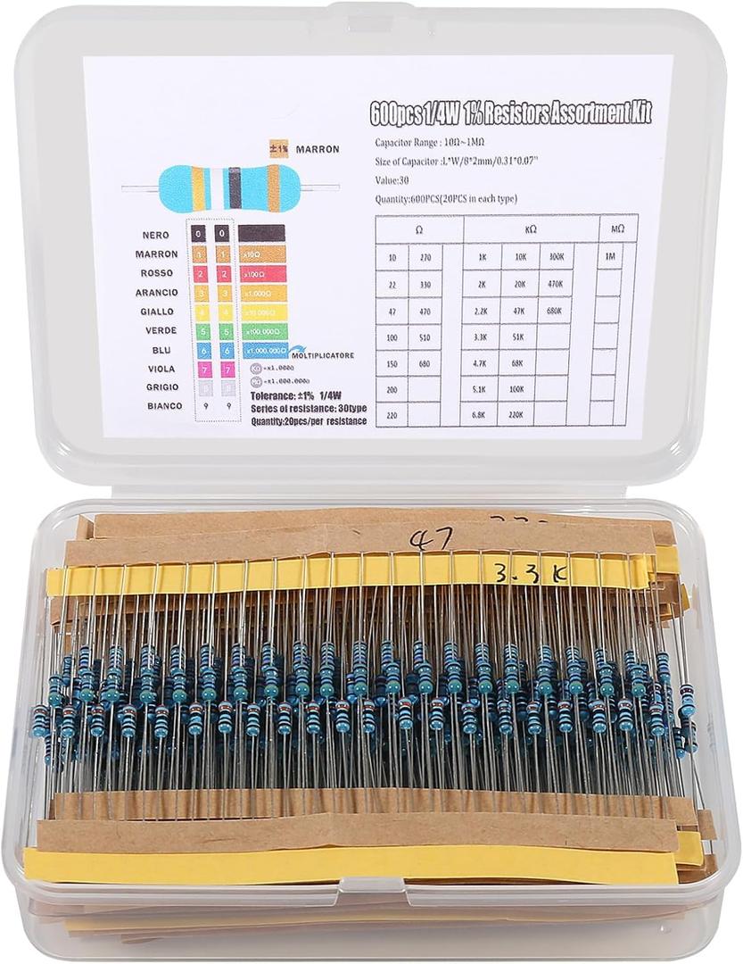 600PCS 30 Values 1% Resistor Kit Assortment, 1/4W 10 Ohm-1M Ohm Metal Film Resistors Assortment for Electronic Projects
