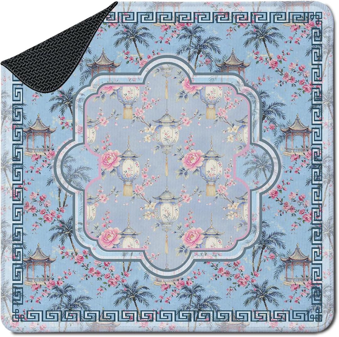 Blue Tropical Chinoiserie Floral Mahjong Mat for Table(31.5" x 31.5"), Pink Blossom Oriental Lantern Non-Slip Noise Reduction Mahjong Table Cover for Card Board Tile Games Poker Dominoes