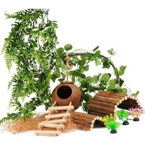 10PCS Crested Gecko Tank Accessories, Reptile Plants Bridge Vines, Coconut Shell with Ladder for Lizard, Chameleon Cage, Snakes, Hermit Crab, Leopard Gecko Tank Accessories, Terrarium Decor