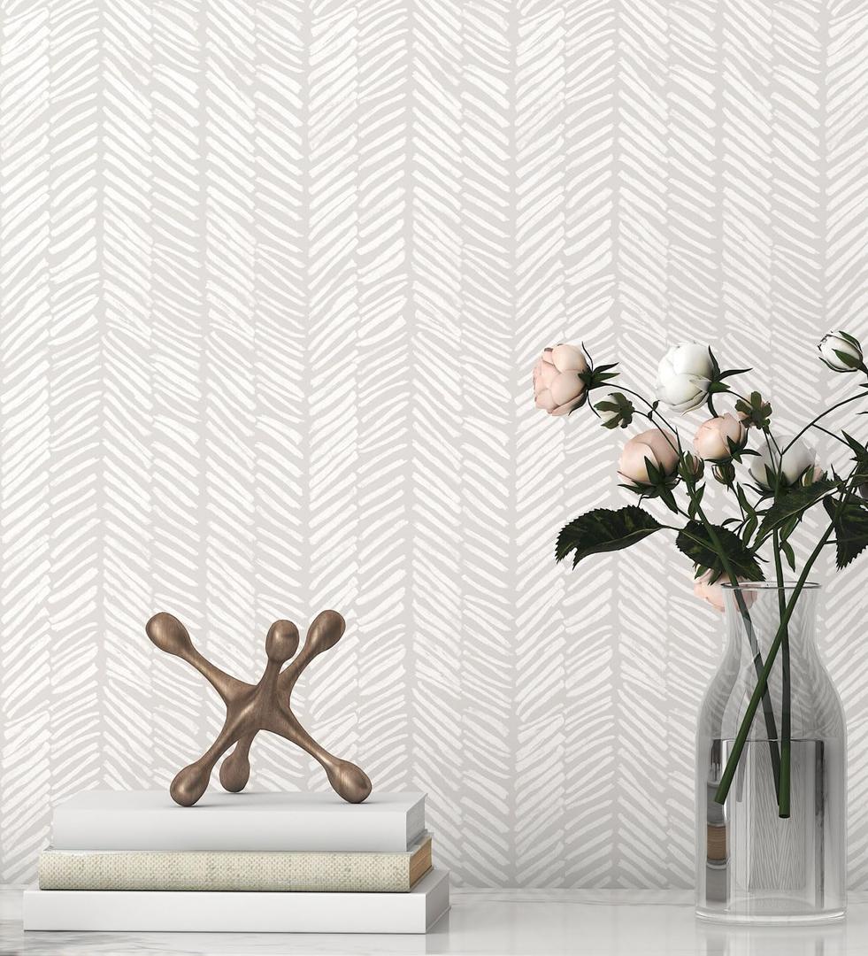 Striped Wallpaper Peel and Stick Wallpaper for Bedroom 17.3"x197" White/Beige Wall Paper Herringbone Self Adhesive Removable Wallpaper Modern Line Contact Paper for Cabinets Bathroom Decor