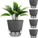 2024 Upgraded 5 Pack 6-Inch Self-Watering Planter Pots with Deep Reservoir for Indoor and Outdoor Plants with Planting Tools (Frosted Black)