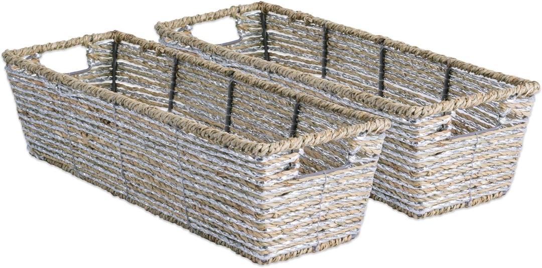DII Trapezoid Seagrass Metallic Basket, 16x5x4-Set of 2, Silver (Long Tray Set)